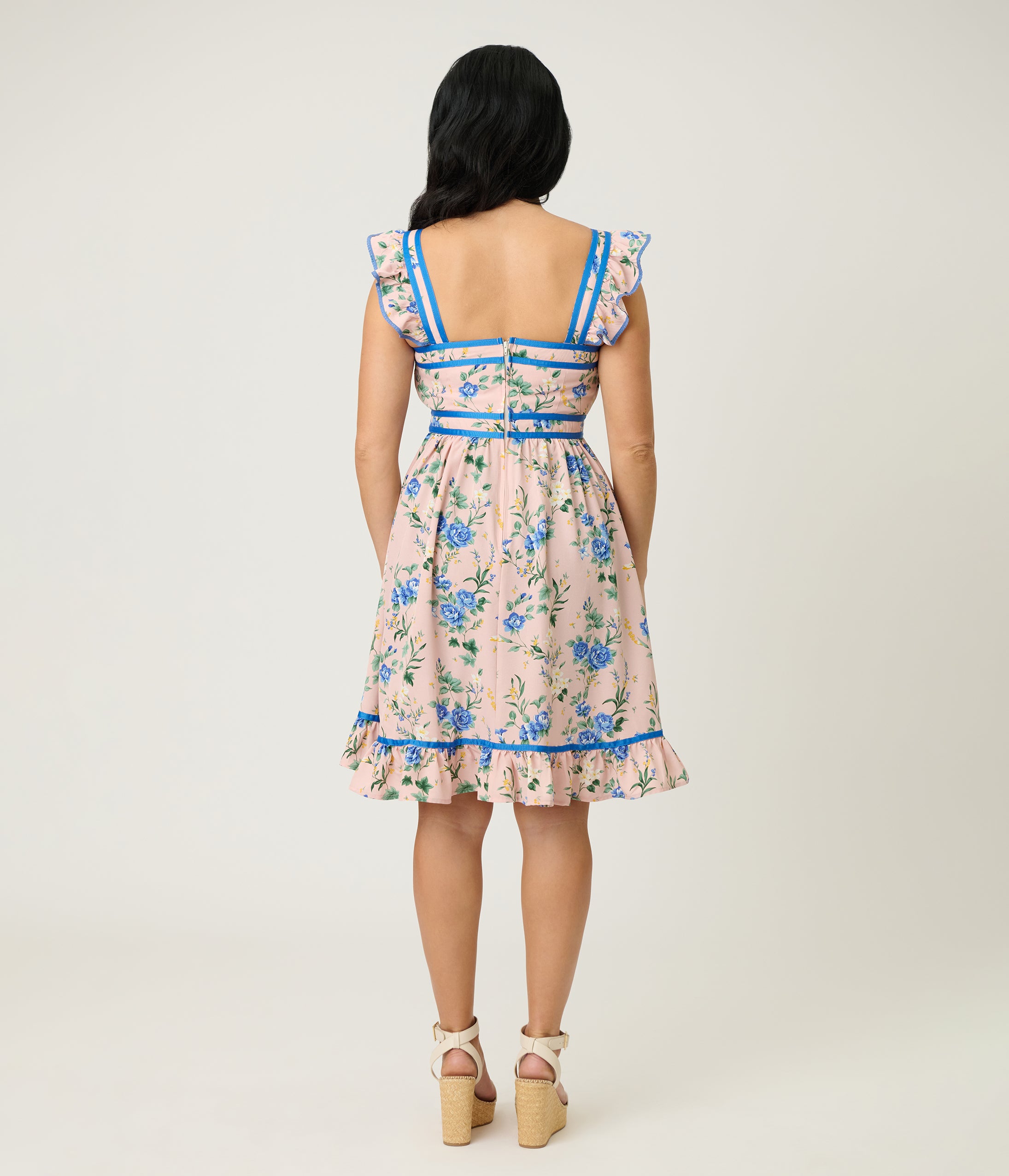 Preorder- Smak Parlour Light Pink & Blue Floral Corset Fit & Flare Dress
