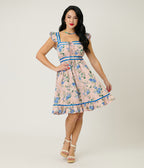Smak Parlour Light Pink & Blue Floral Corset Fit & Flare Dress