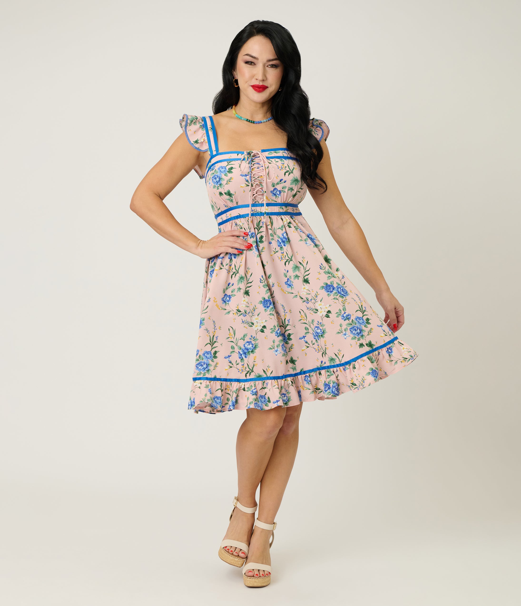 Preorder- Smak Parlour Light Pink & Blue Floral Corset Fit & Flare Dress