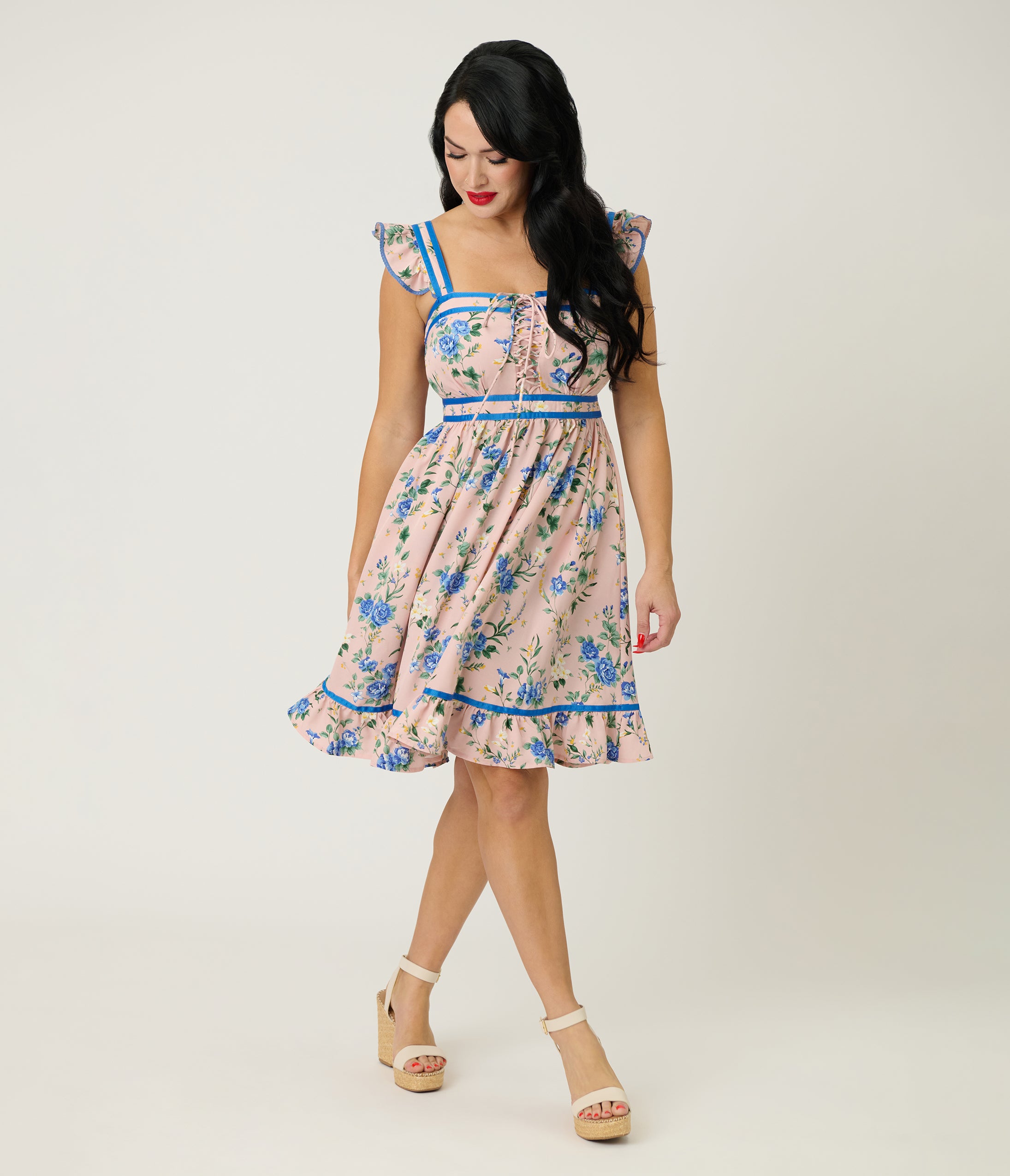 Preorder- Smak Parlour Light Pink & Blue Floral Corset Fit & Flare Dress