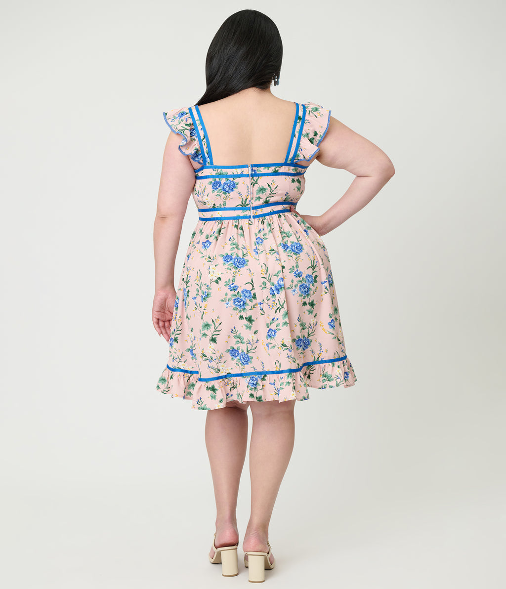 Smak Parlour Plus Size Light Pink & Blue Floral Corset Fit & Flare Dress