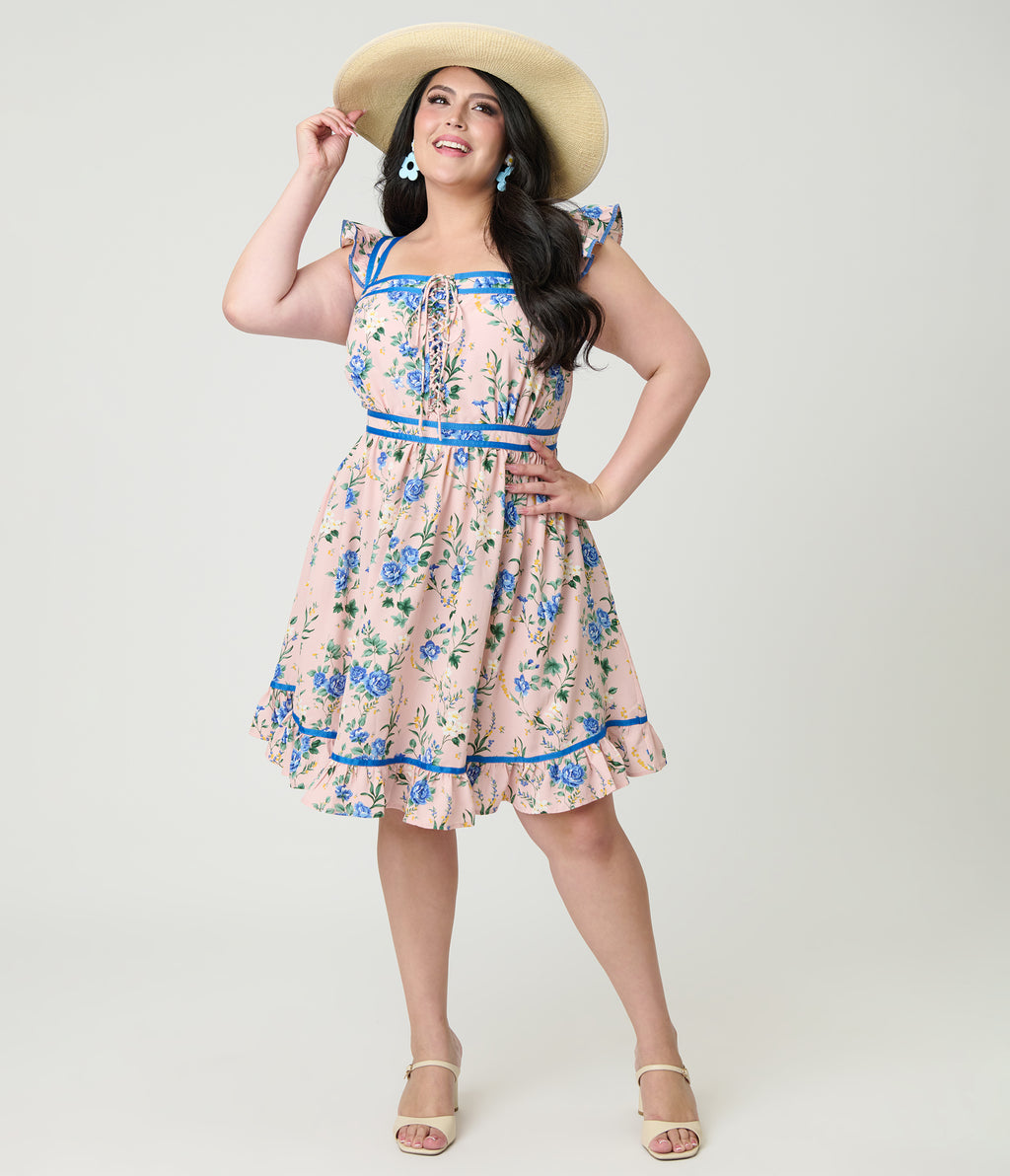 Smak Parlour Plus Size Light Pink & Blue Floral Corset Fit & Flare Dress