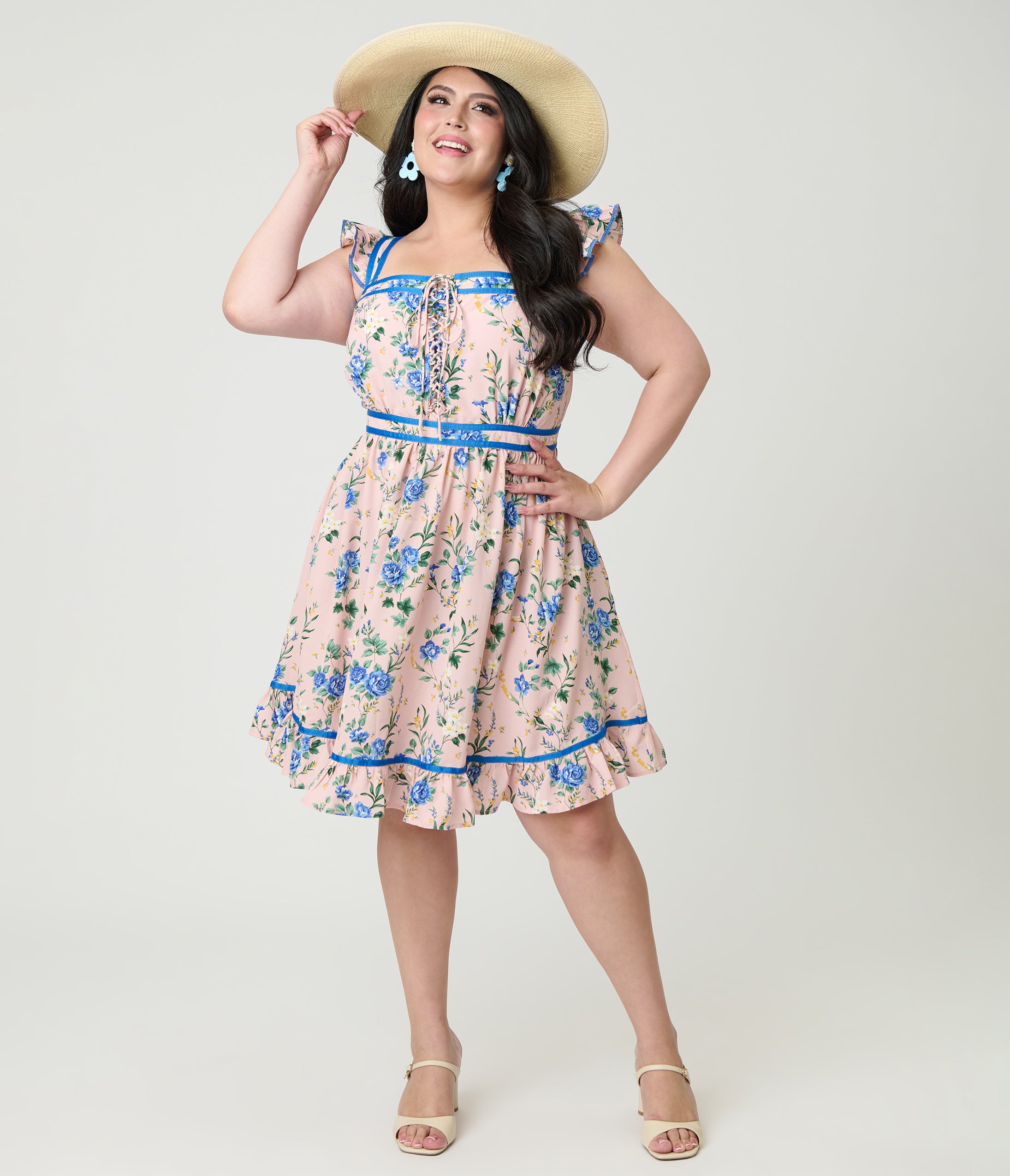 Preorder- Smak Parlour Plus Size Light Pink & Blue Floral Corset Fit & Flare Dress