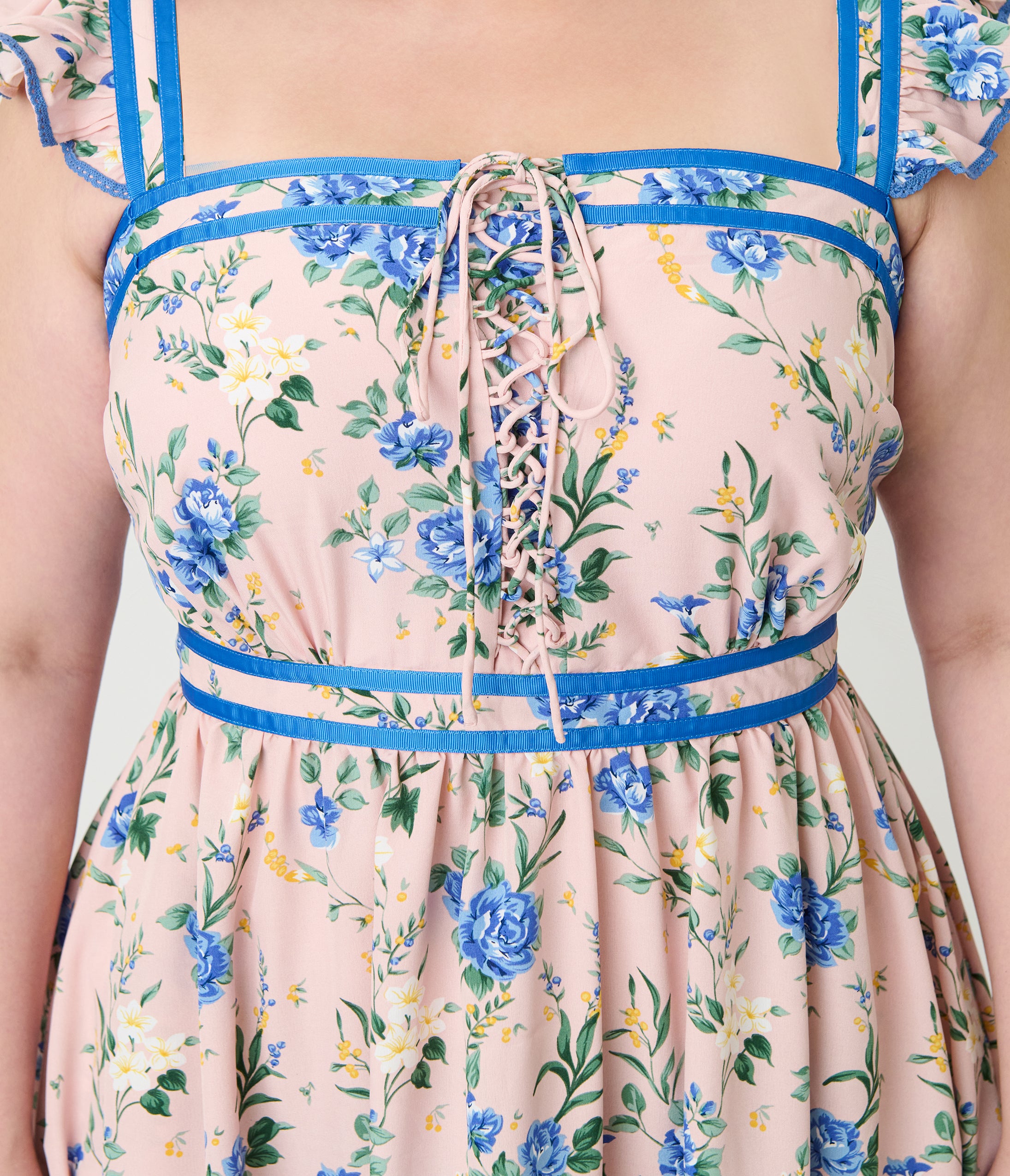 Preorder- Smak Parlour Plus Size Light Pink & Blue Floral Corset Fit & Flare Dress
