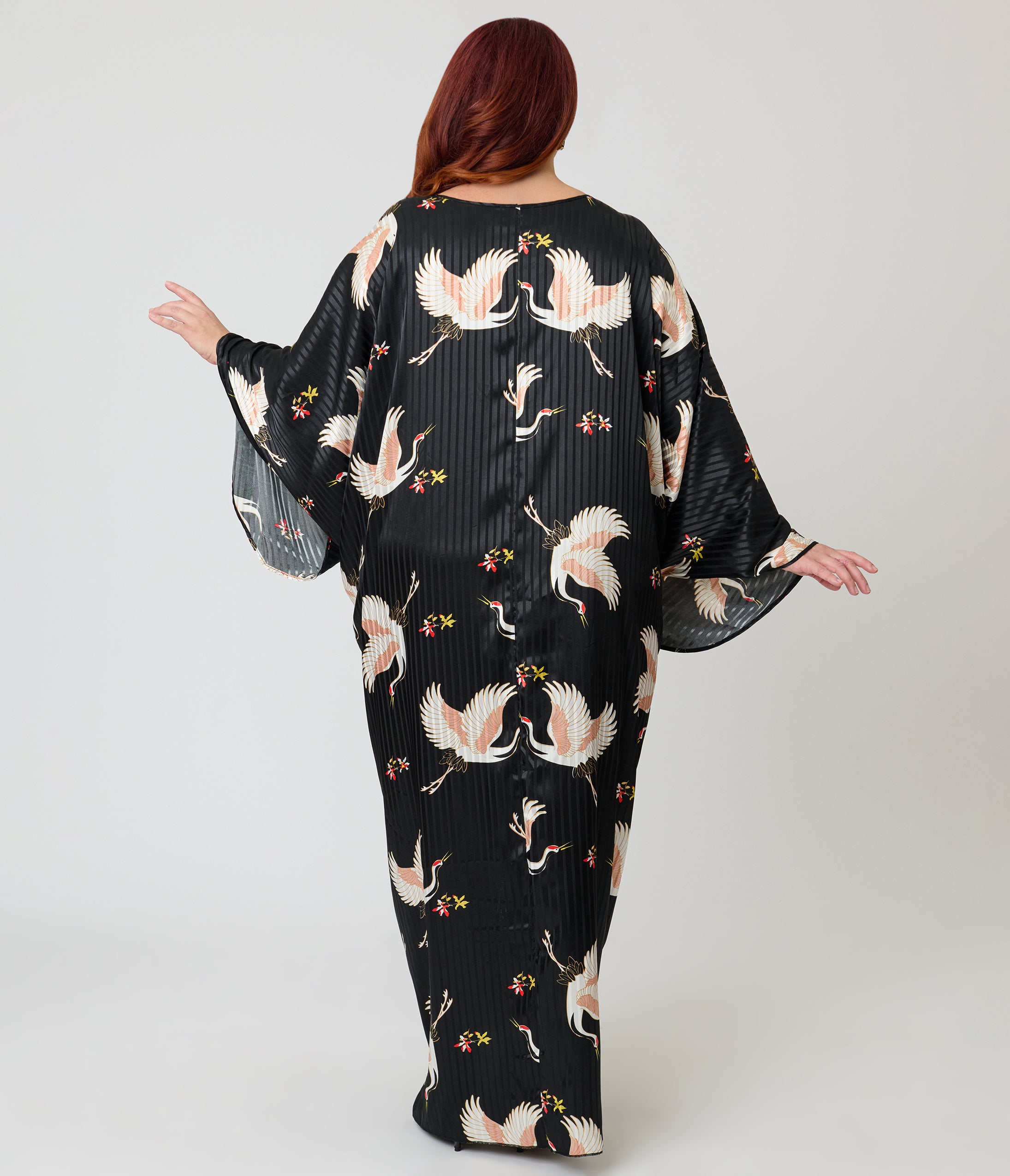 Unique Vintage Black & White Crane Long Kimono