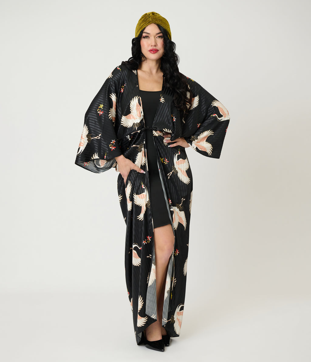 Unique Vintage Black & White Crane Long Kimono