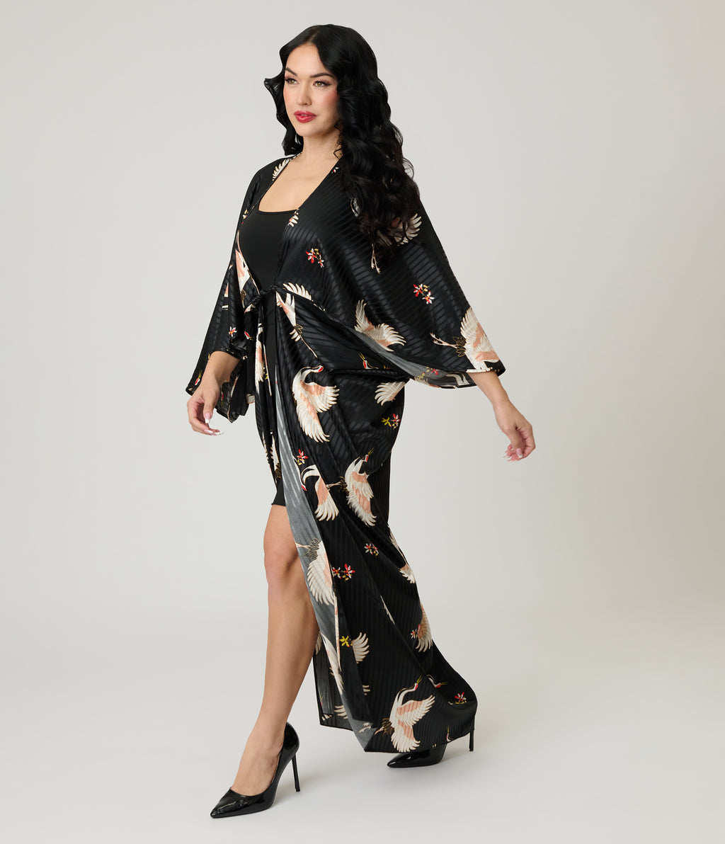 Unique Vintage Black & White Crane Long Kimono