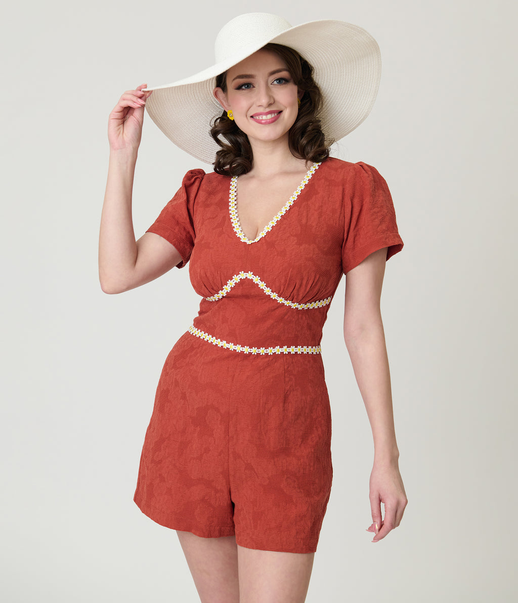 Unique Vintage Rust Red & Daisy Cotton Romper