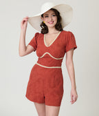 Unique Vintage Rust Red & Daisy Cotton Romper