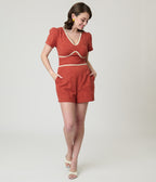 Unique Vintage Rust Red & Daisy Cotton Romper