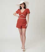 Unique Vintage Rust Red & Daisy Cotton Romper