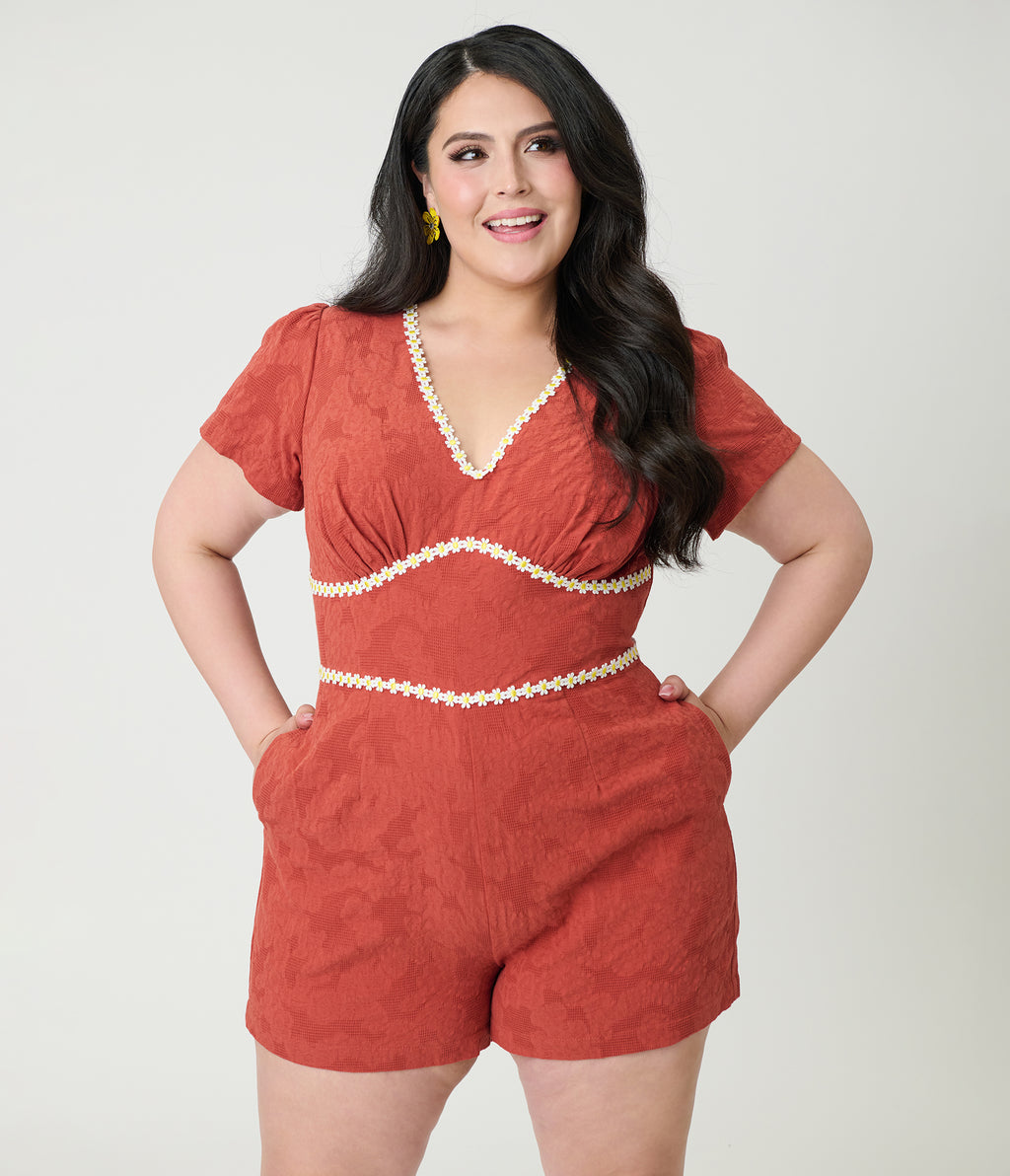 Unique Vintage Plus Size Rust Red & Daisy Cotton Romper