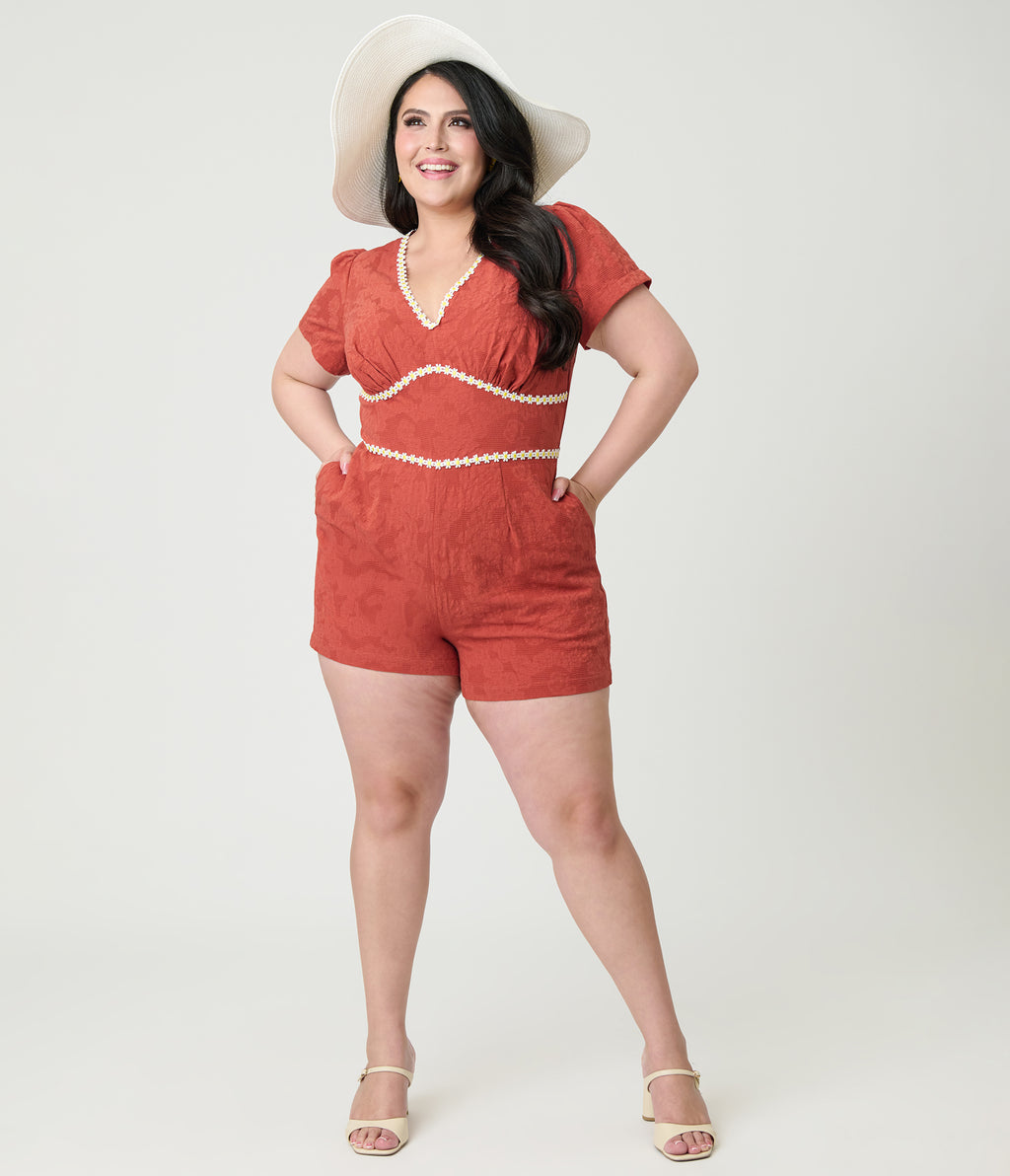 Unique Vintage Plus Size Rust Red & Daisy Cotton Romper