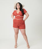 Unique Vintage Plus Size Rust Red & Daisy Cotton Romper