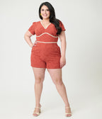 Unique Vintage Plus Size Rust Red & Daisy Cotton Romper