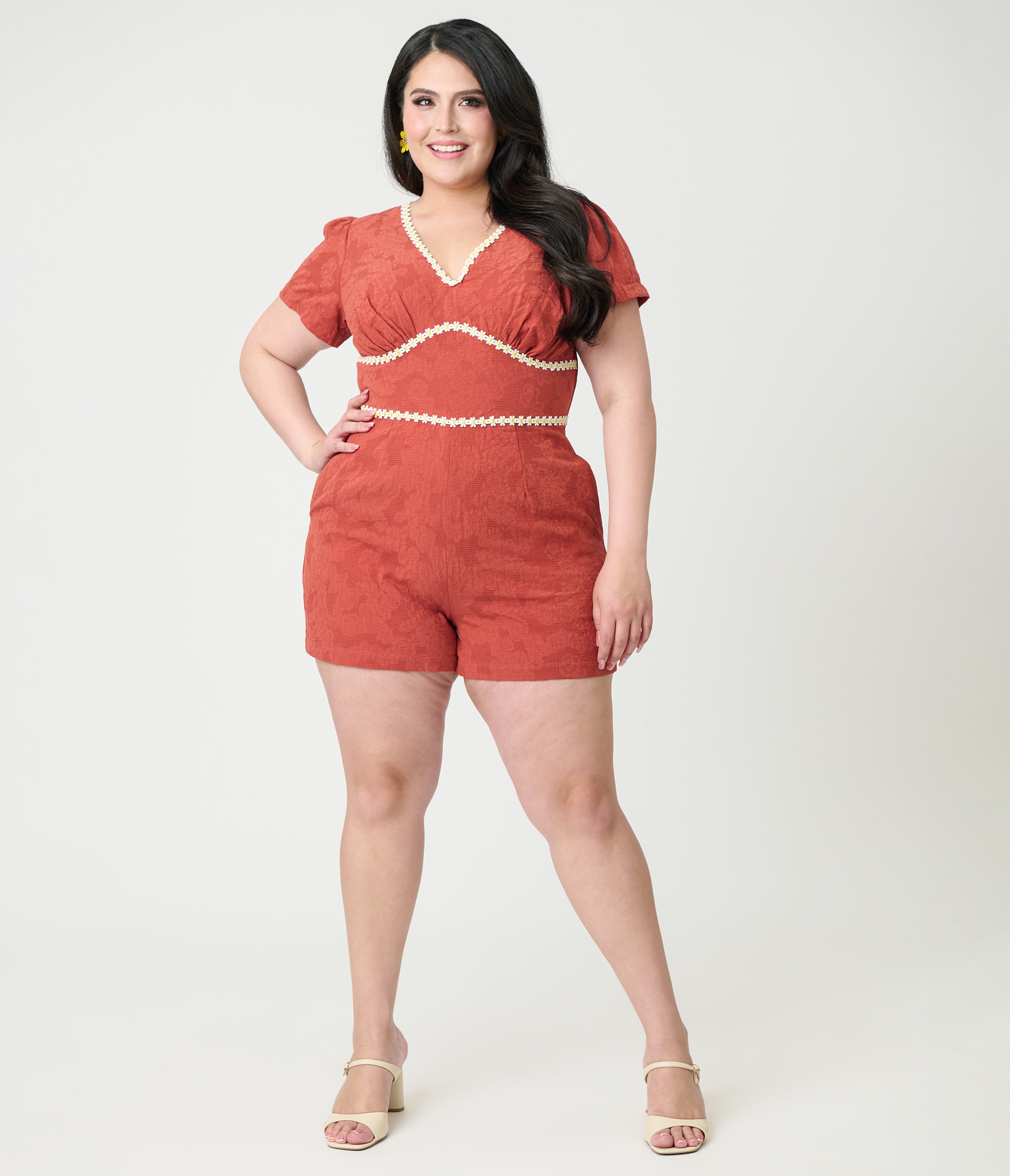 Unique Vintage Plus Size Rust Red & Daisy Cotton Romper