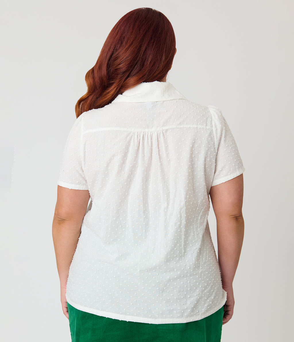 Unique Vintage Plus Size White Swiss Dot & Tulip Notched Collar Blouse