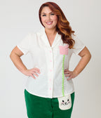 Unique Vintage Plus Size White Swiss Dot & Tulip Notched Collar Blouse