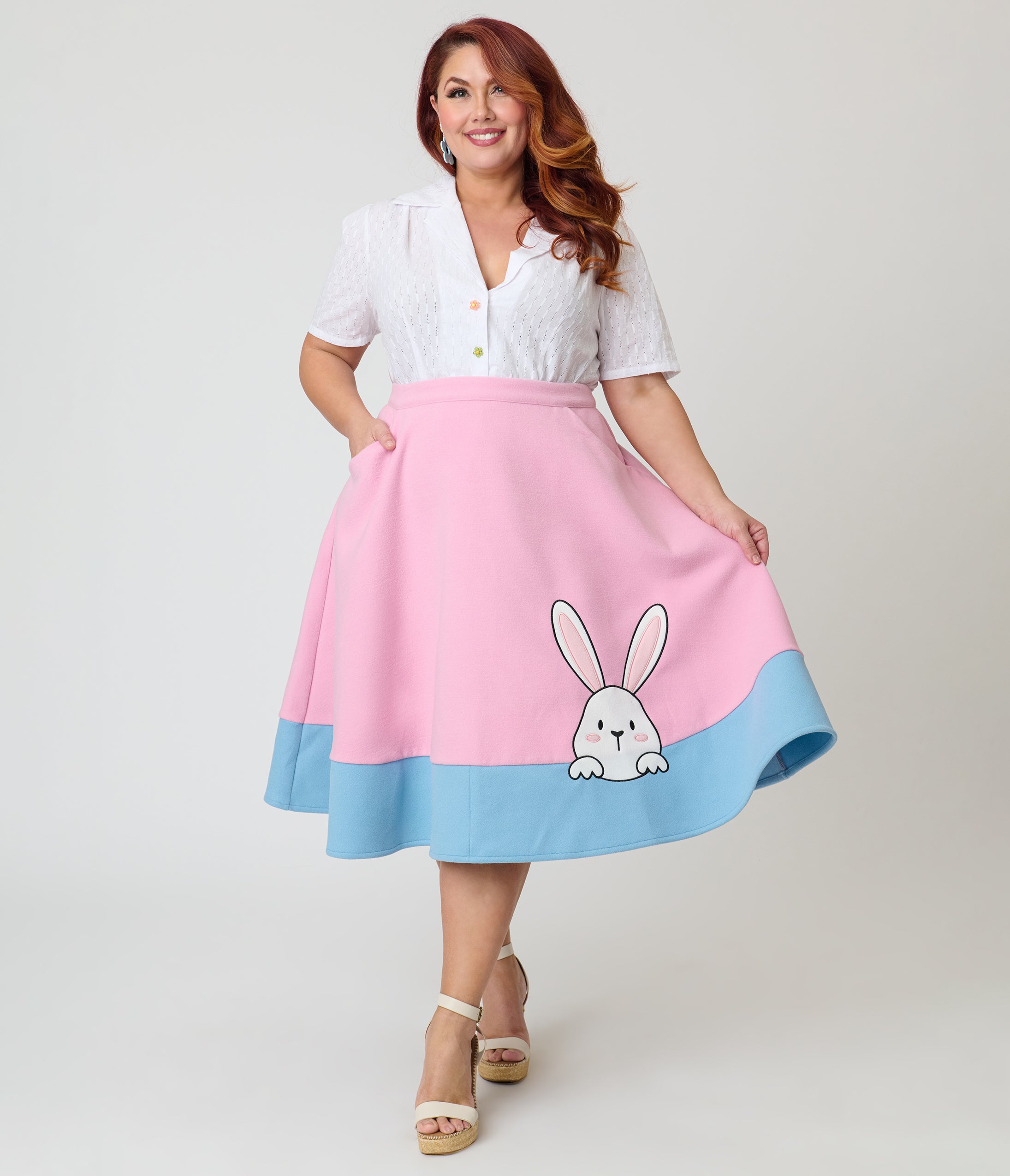 Unique Vintage Plus Size Pink & Blue Bunny Soda Shop Swing Skirt