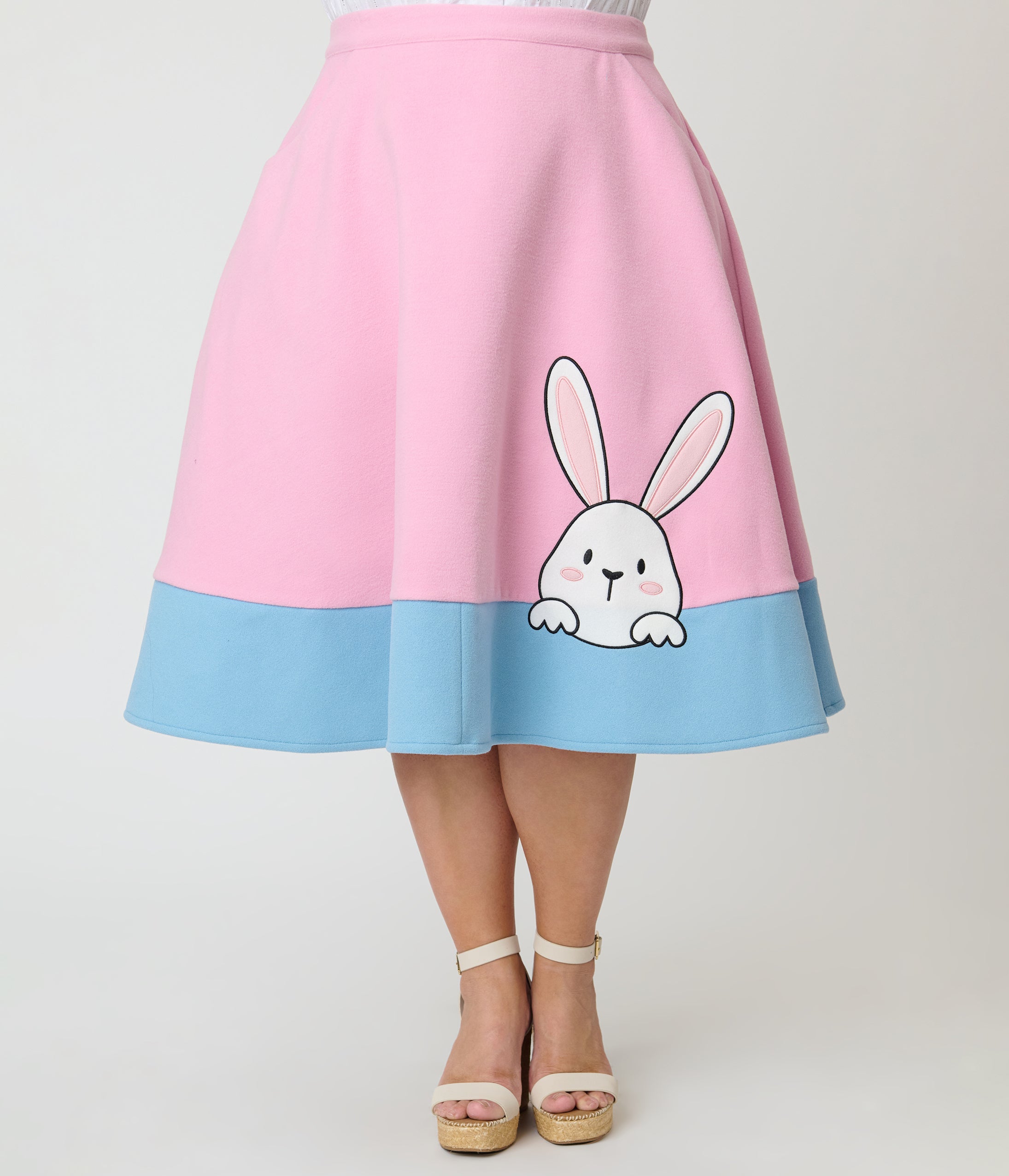 Unique Vintage Plus Size Pink & Blue Bunny Soda Shop Swing Skirt