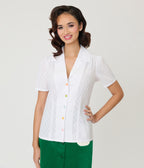 Unique Vintage White & Flower Buttons Cotton Blouse