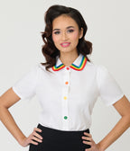 Unique Vintage White Rainbow Embroidered Collar Blouse