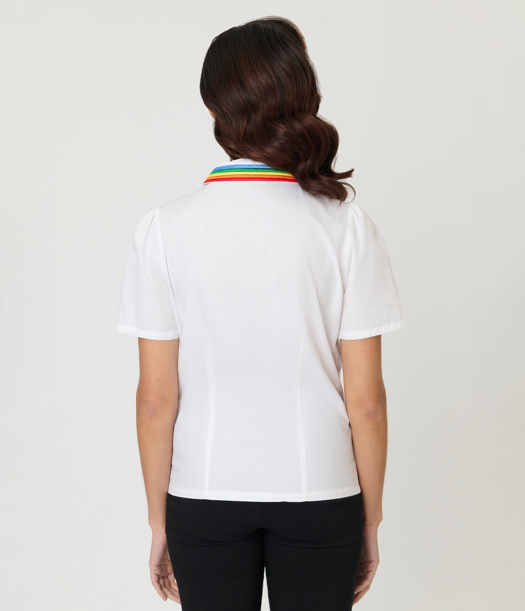 Unique Vintage White Rainbow Embroidered Collar Blouse