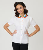 Unique Vintage White Rainbow Embroidered Collar Blouse