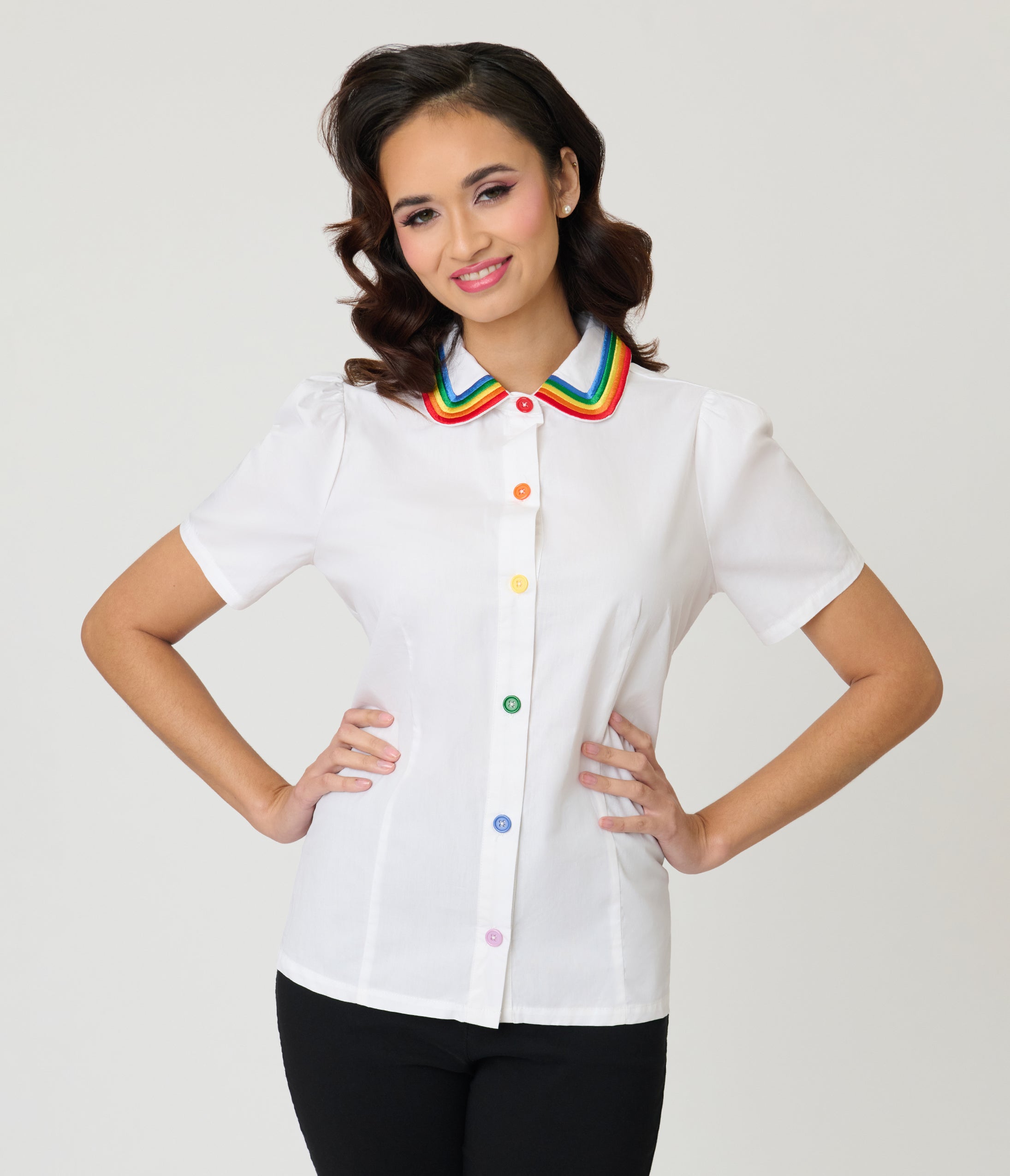 Unique Vintage White Rainbow Embroidered Collar Blouse