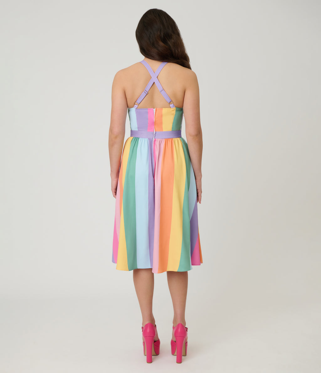Unique Vintage Pastel Rainbow Stripe Lombard Swing Dress