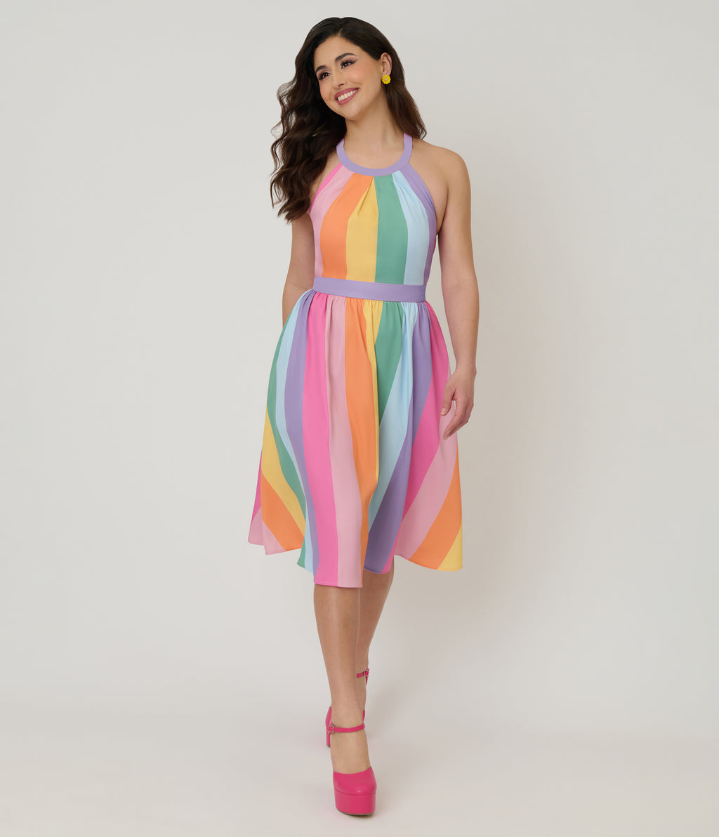 Unique Vintage Pastel Rainbow Stripe Lombard Swing Dress