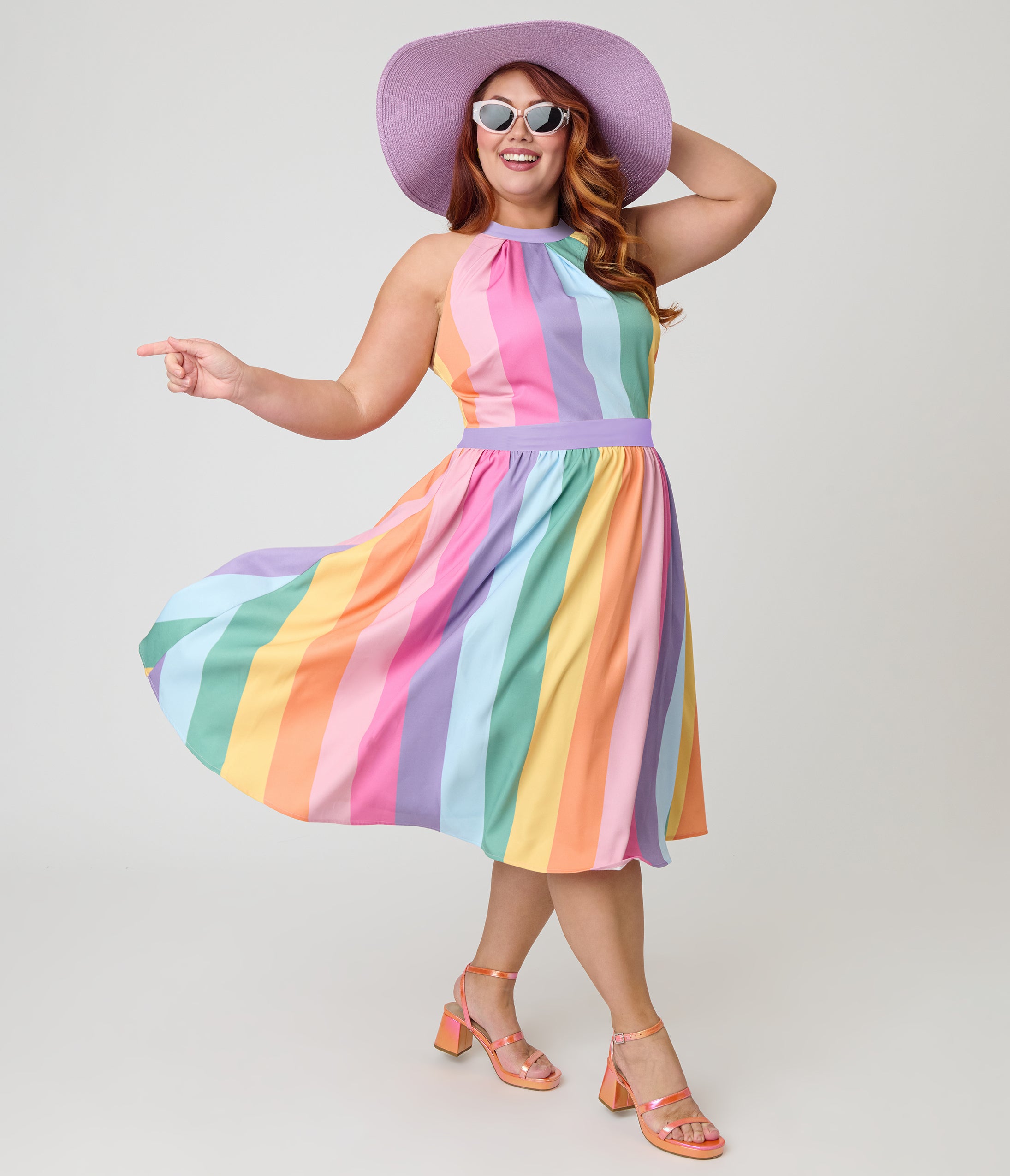 Unique Vintage Plus Size Pastel Rainbow Stripe Lombard Swing Dress
