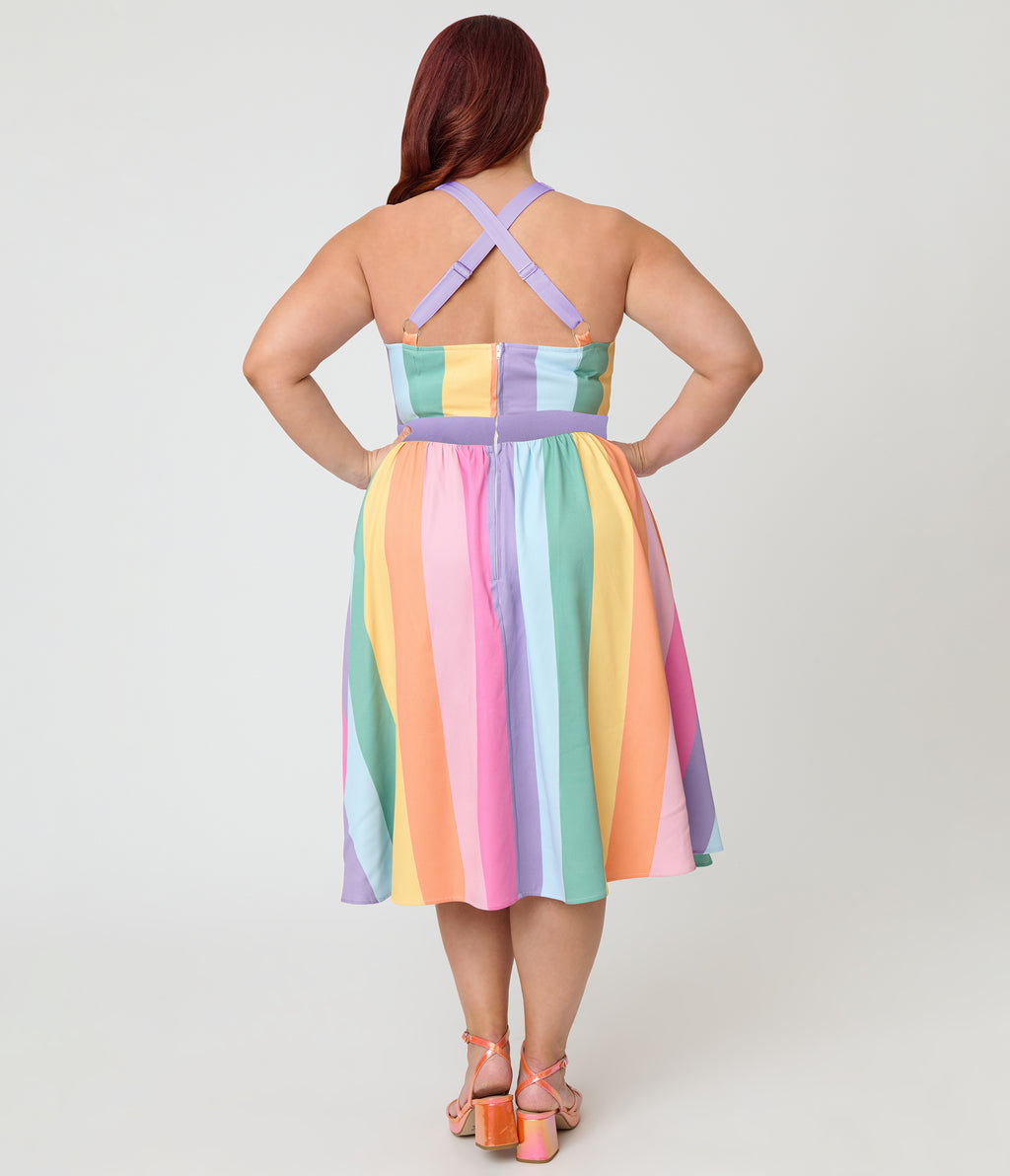 Unique Vintage Plus Size Pastel Rainbow Stripe Lombard Swing Dress