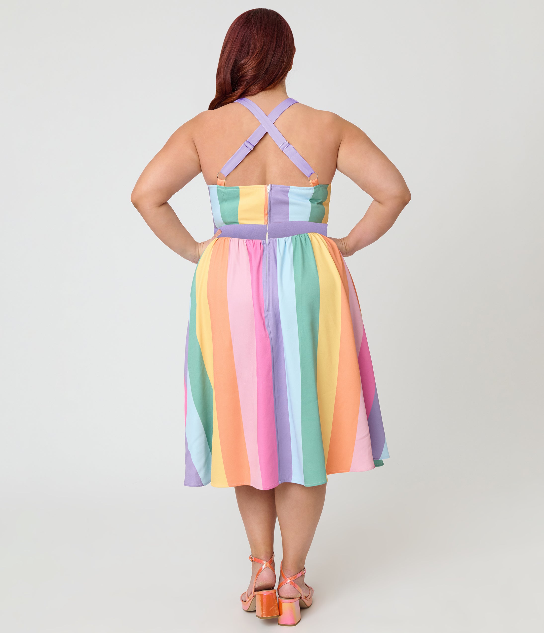 Unique Vintage Plus Size Pastel Rainbow Stripe Lombard Swing Dress