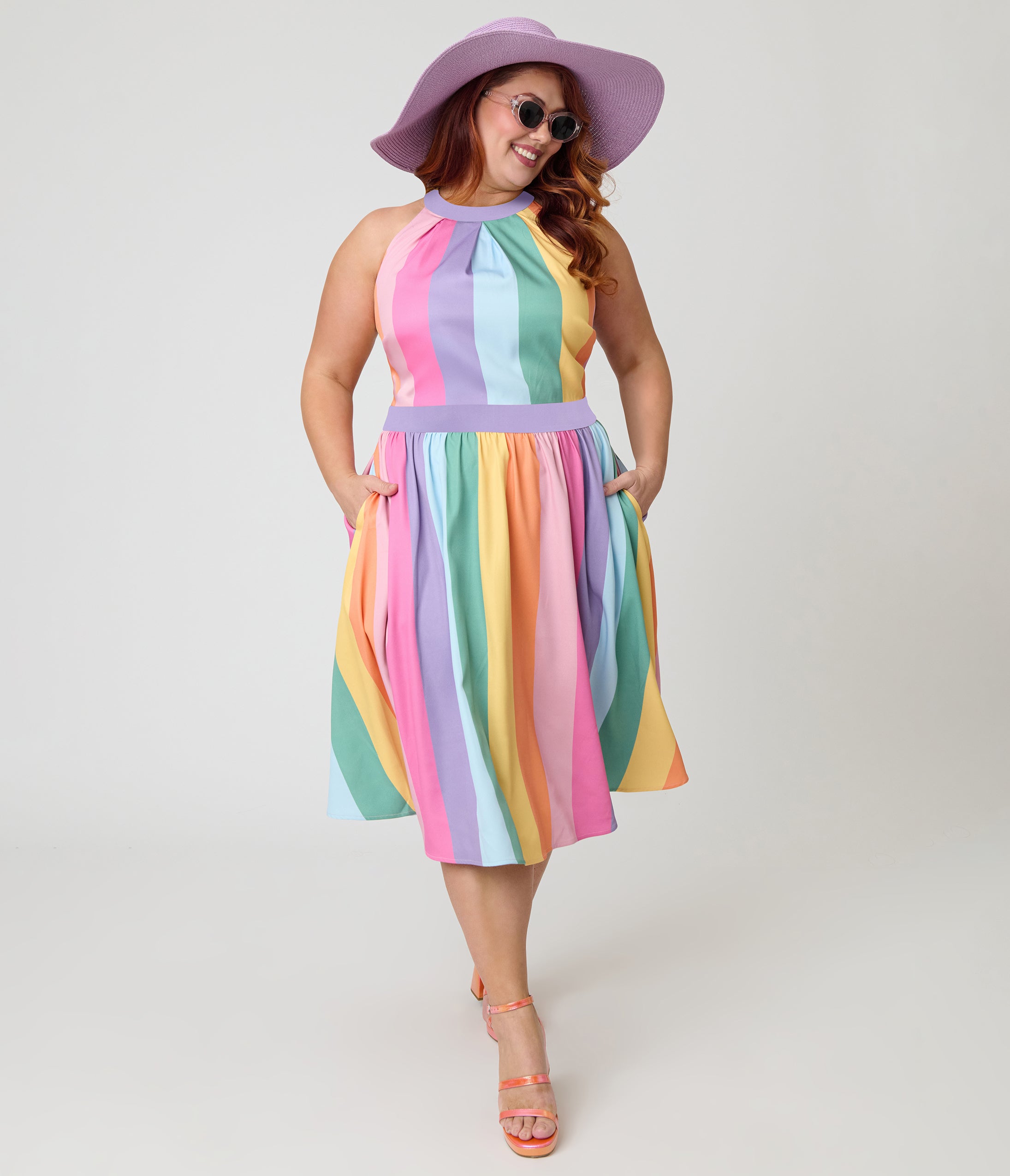 Unique Vintage Plus Size Pastel Rainbow Stripe Lombard Swing Dress Unique Vintage Plus Size Pastel Rainbow Stripe Lombard Swing Dress