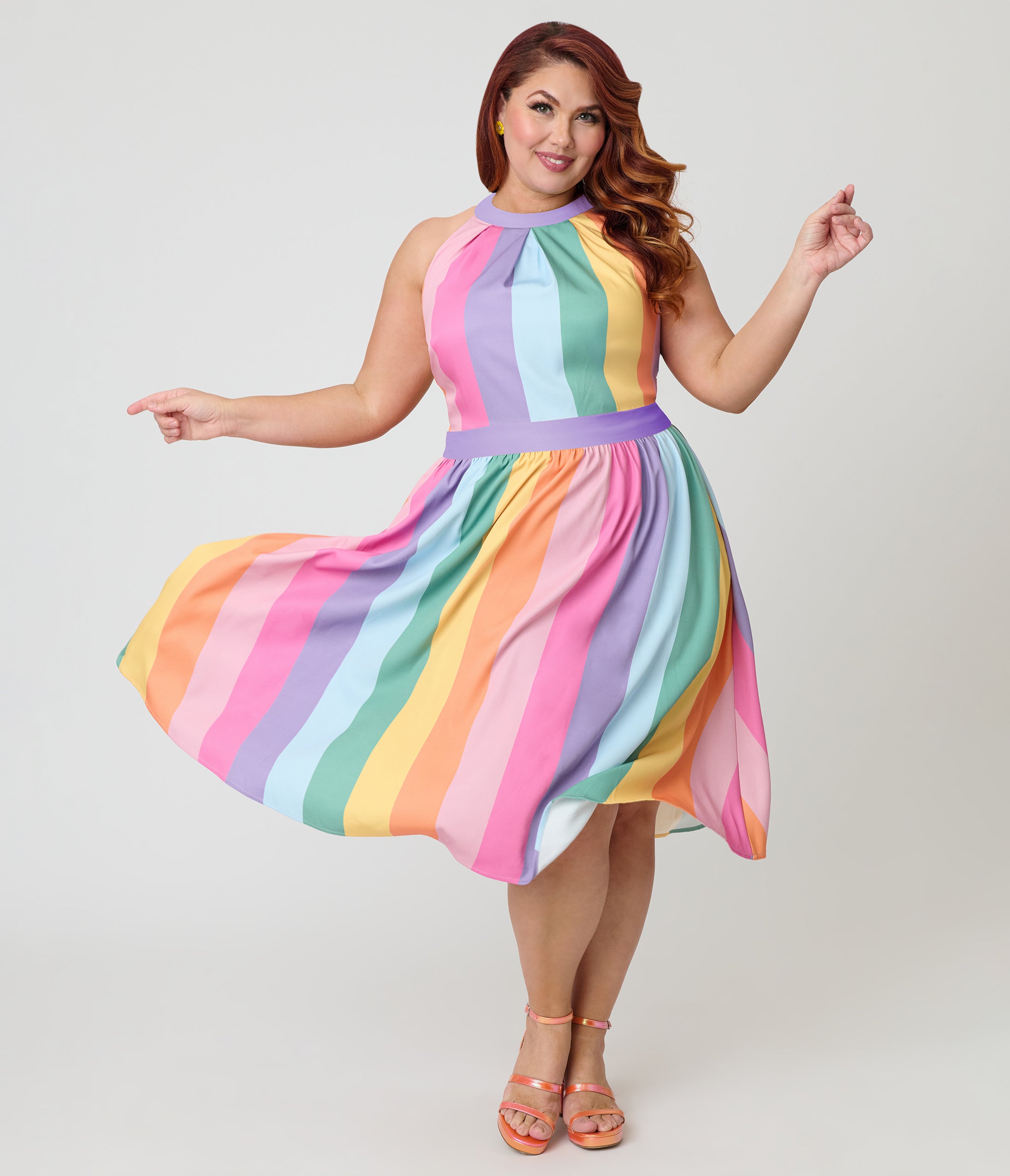 Unique Vintage Plus Size Pastel Rainbow Stripe Lombard Swing Dress