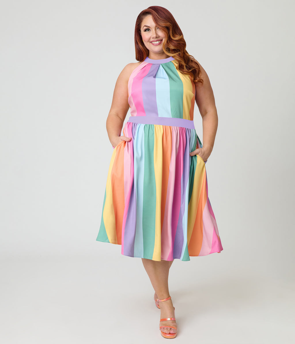 Unique Vintage Plus Size Pastel Rainbow Stripe Lombard Swing Dress