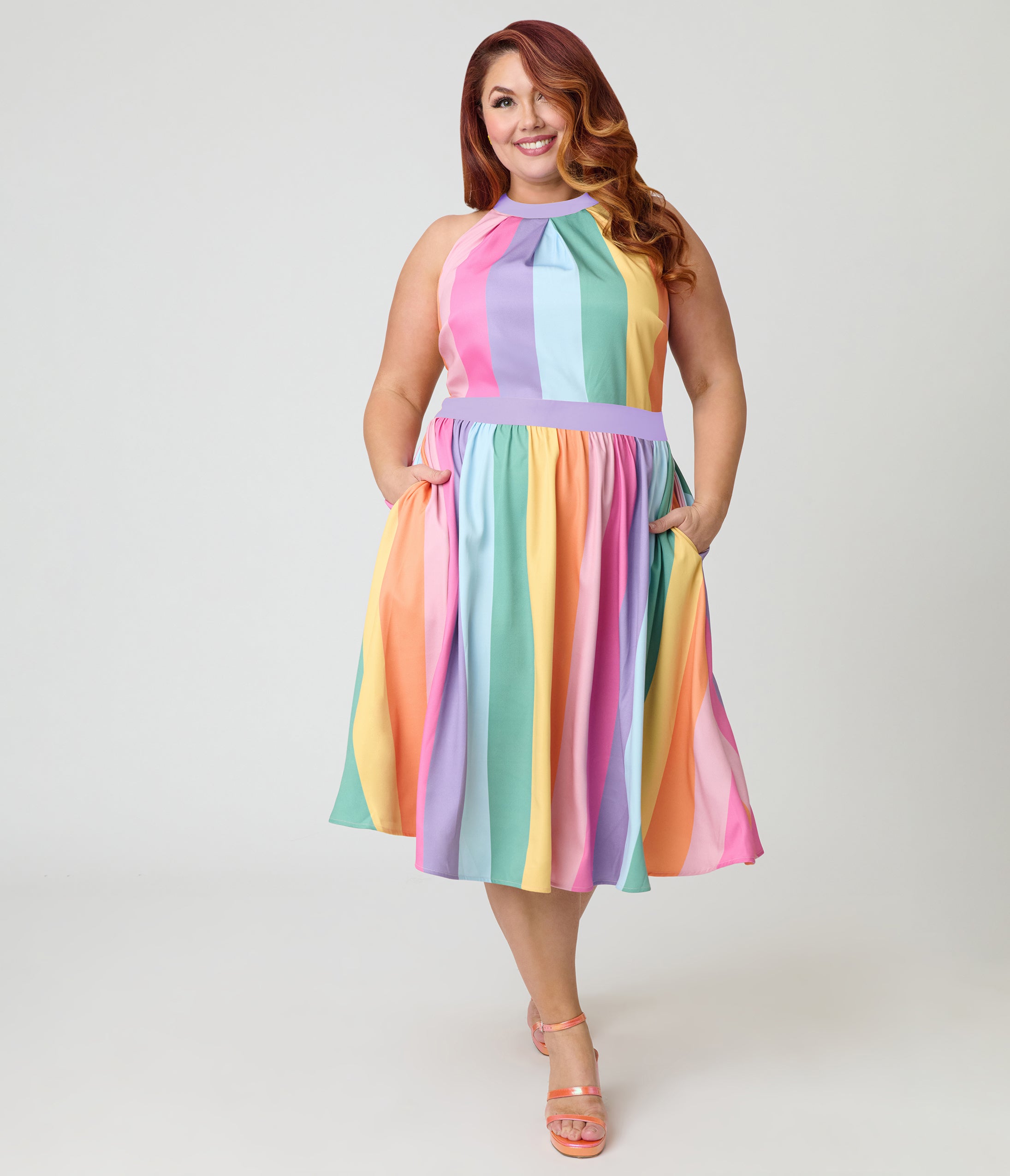 Unique Vintage Plus Size Pastel Rainbow Stripe Lombard Swing Dress