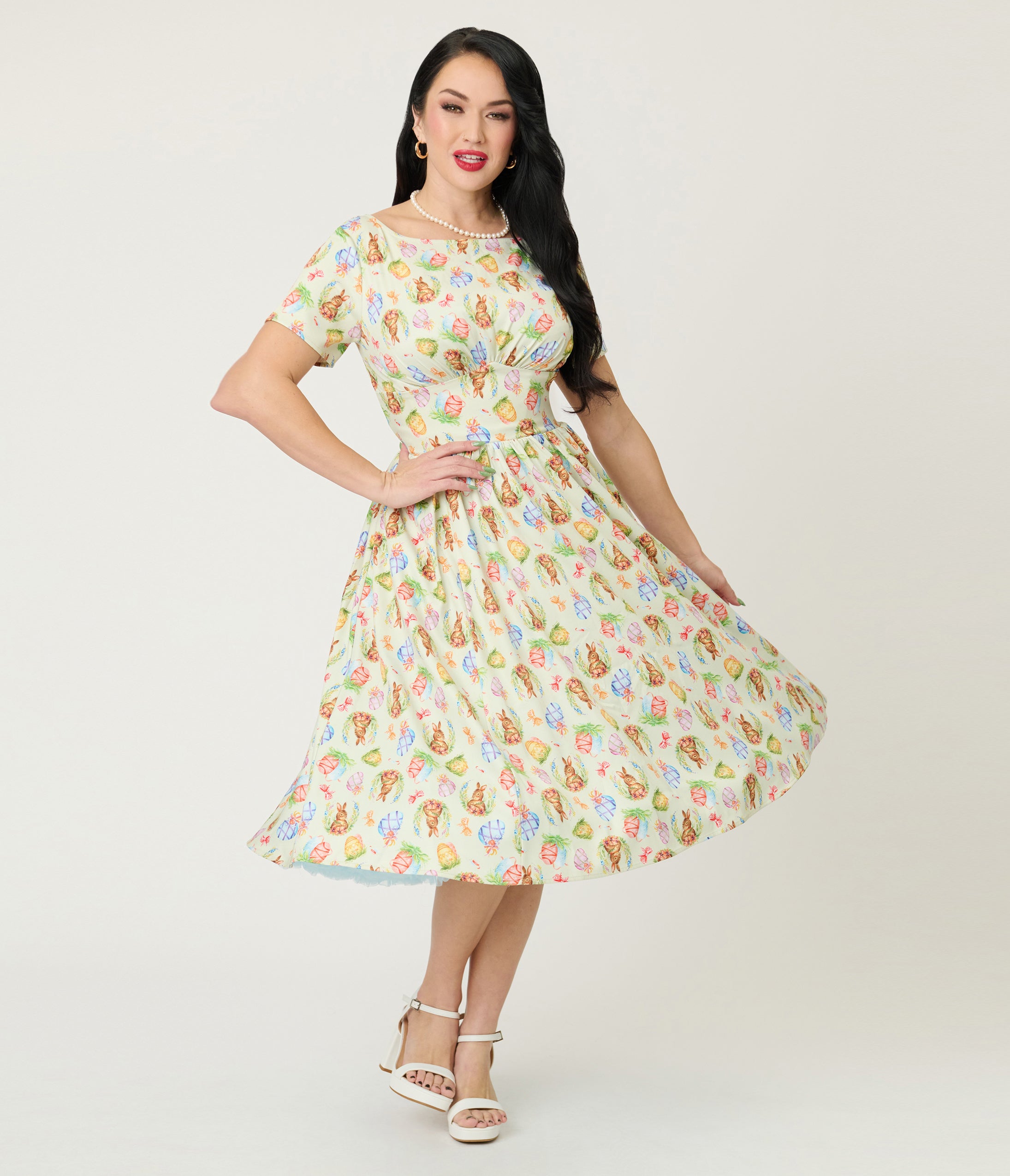 Unique Vintage Green Easter Bunny Print Swing Dress