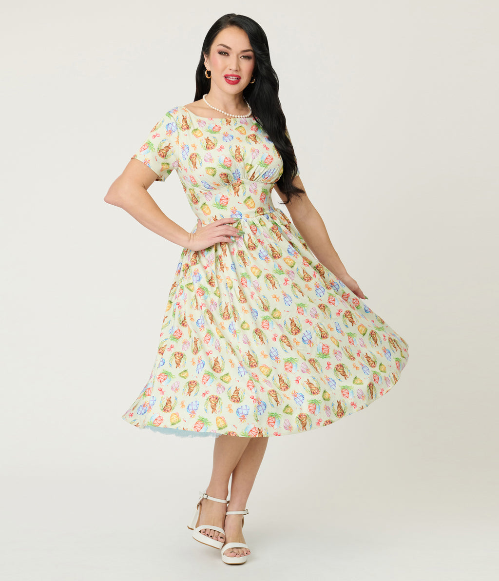 Unique Vintage Green Easter Bunny Print Swing Dress