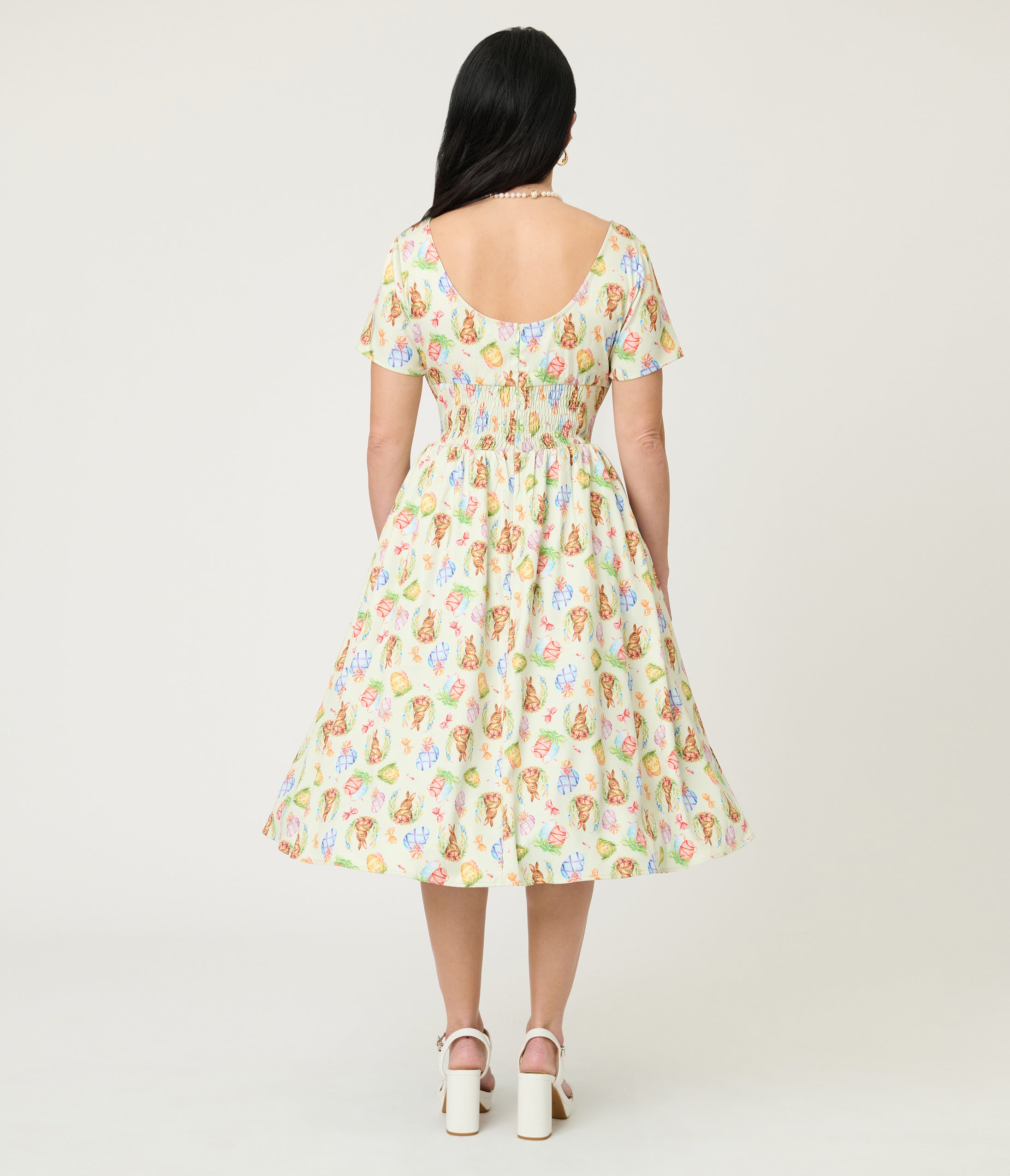Unique Vintage Green Easter Bunny Print Swing Dress