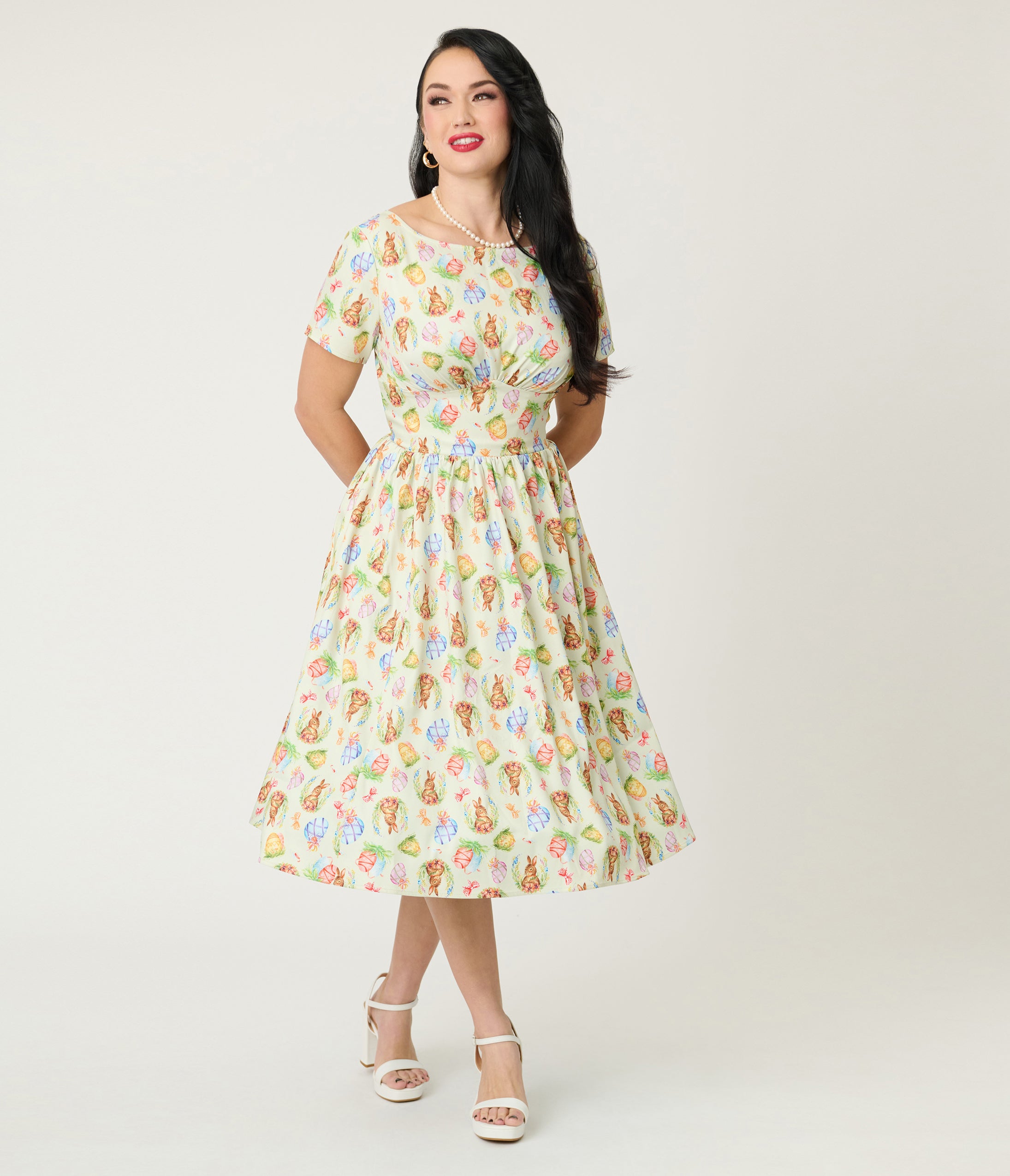 Unique Vintage Green Easter Bunny Print Swing Dress Unique Vintage Green Easter Bunny Print Swing Dress