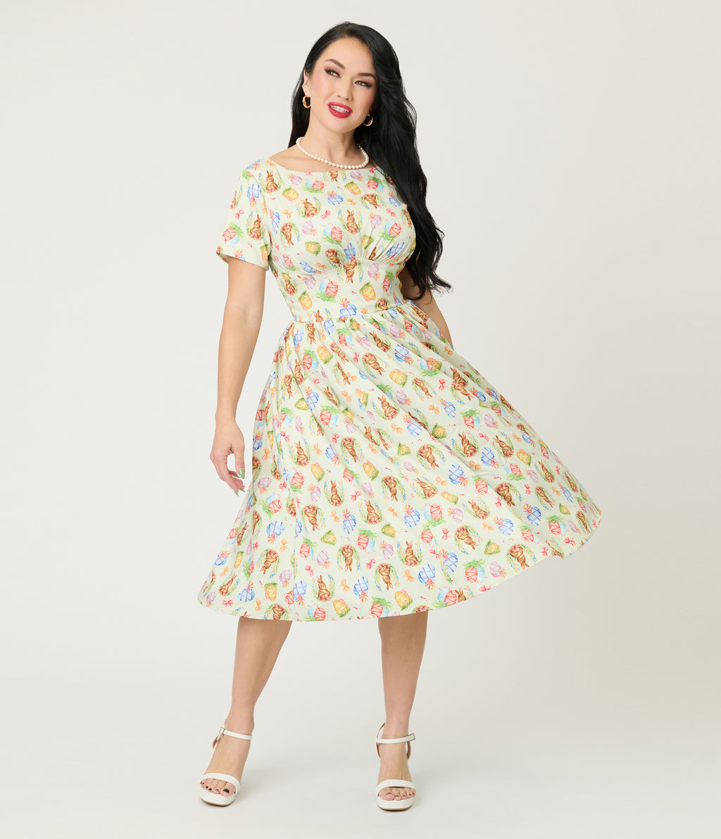 Unique Vintage Green Easter Bunny Print Swing Dress