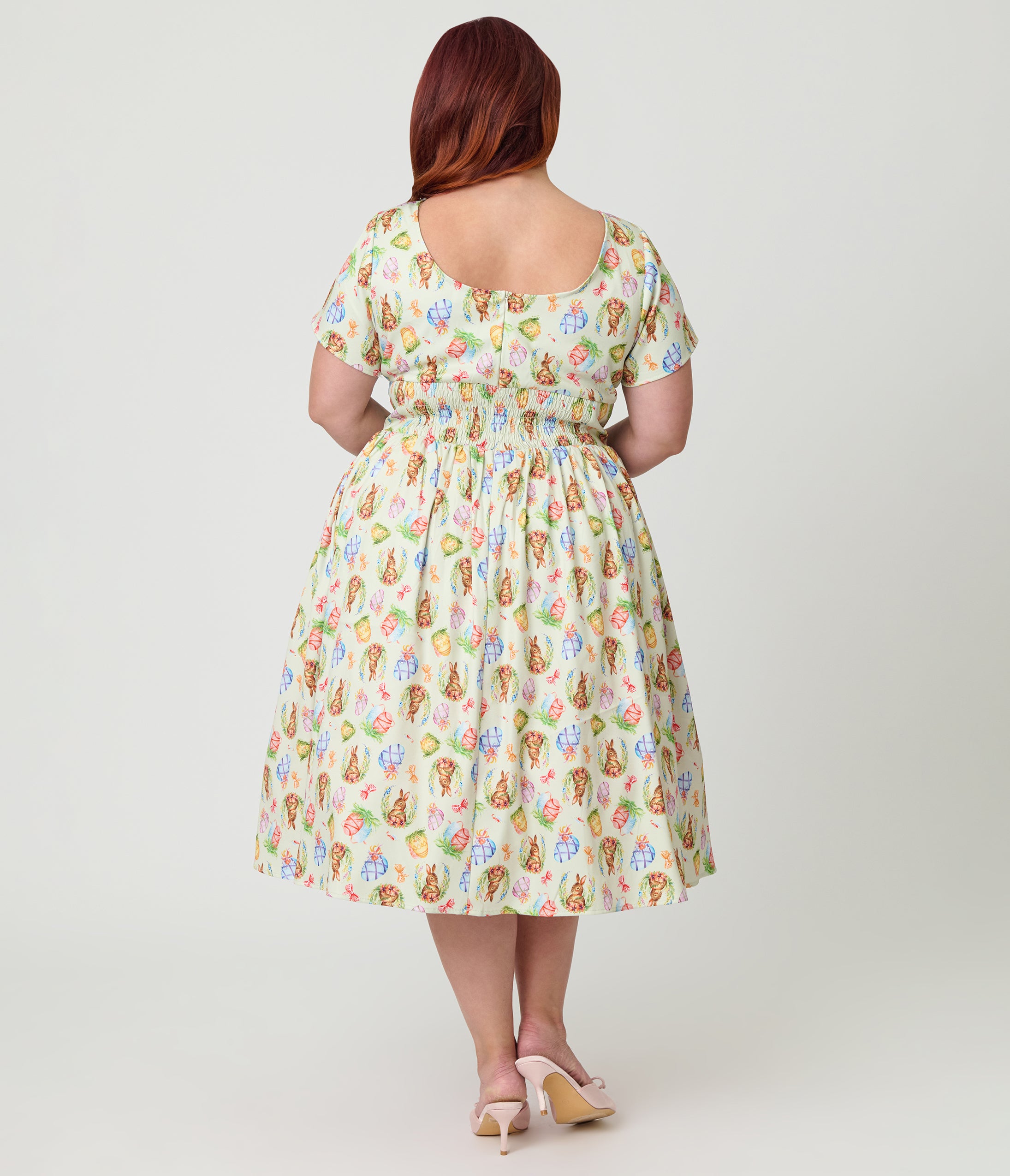 Unique Vintage Plus Size Green Easter Bunny Print Swing Dress