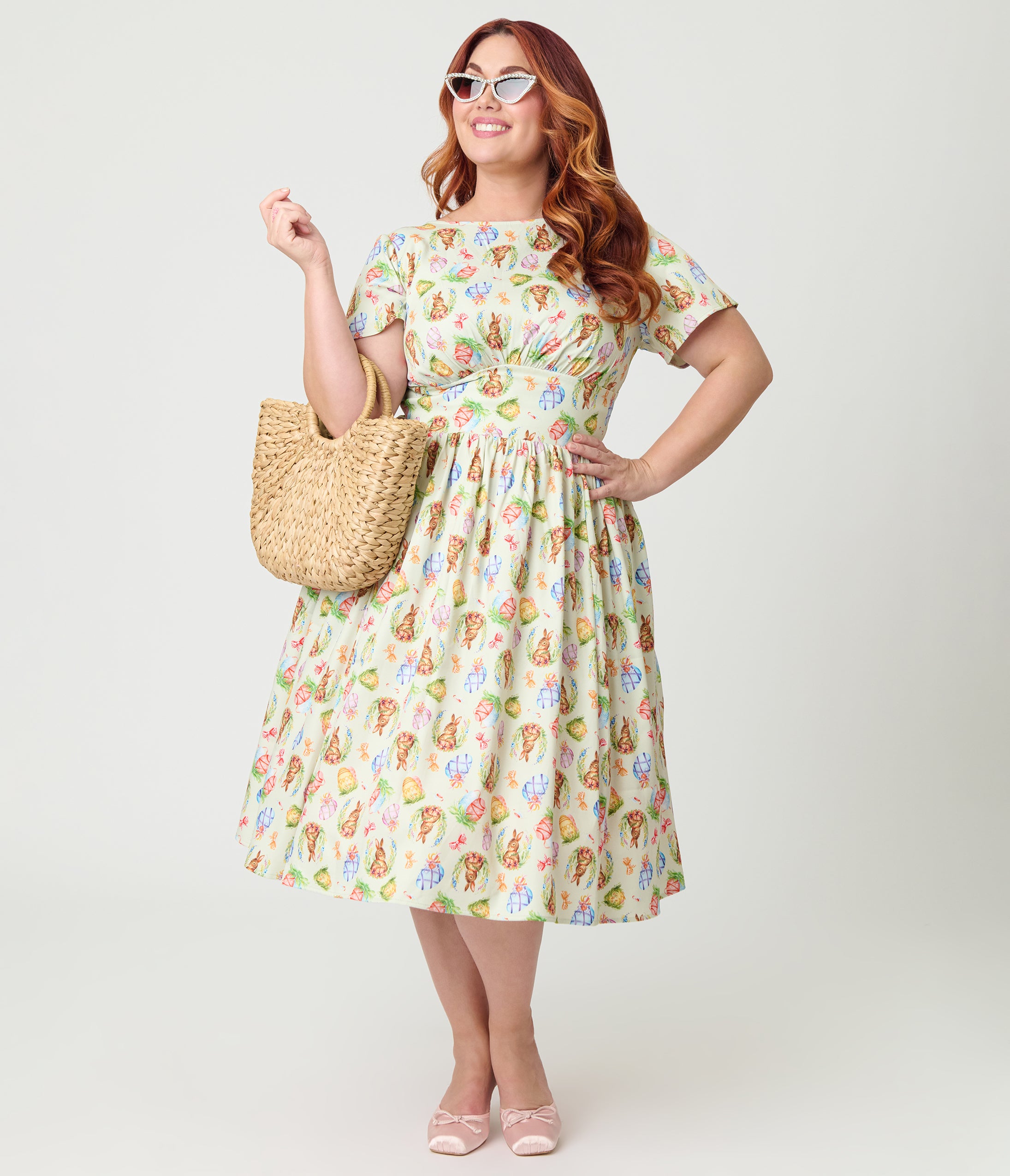 Unique Vintage Plus Size Green Easter Bunny Print Swing Dress