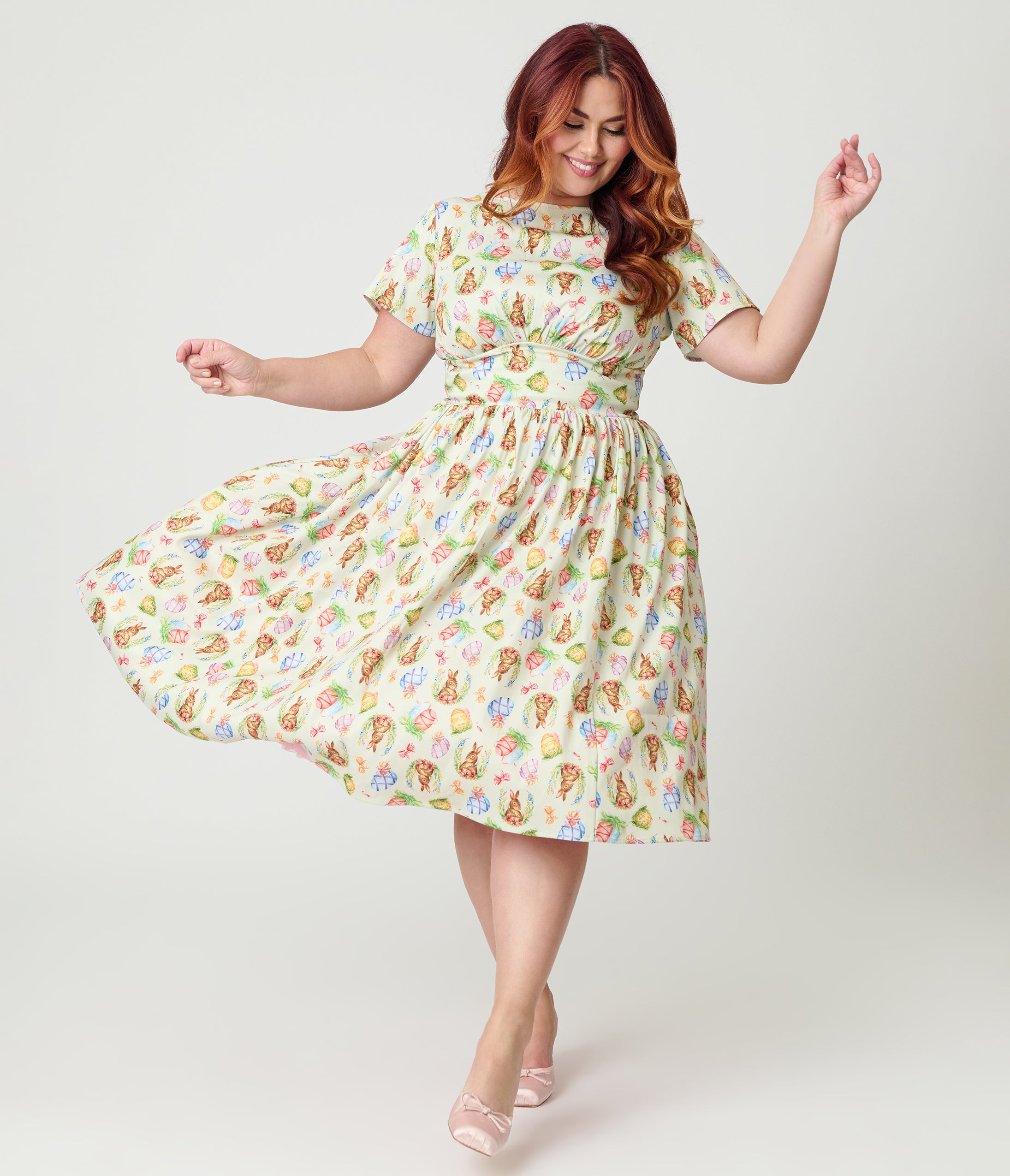 Unique Vintage Plus Size Green Easter Bunny Print Swing Dress