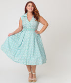 Unique Vintage Plus Size Blue & Goose Print Cotton Shirt Swing Dress