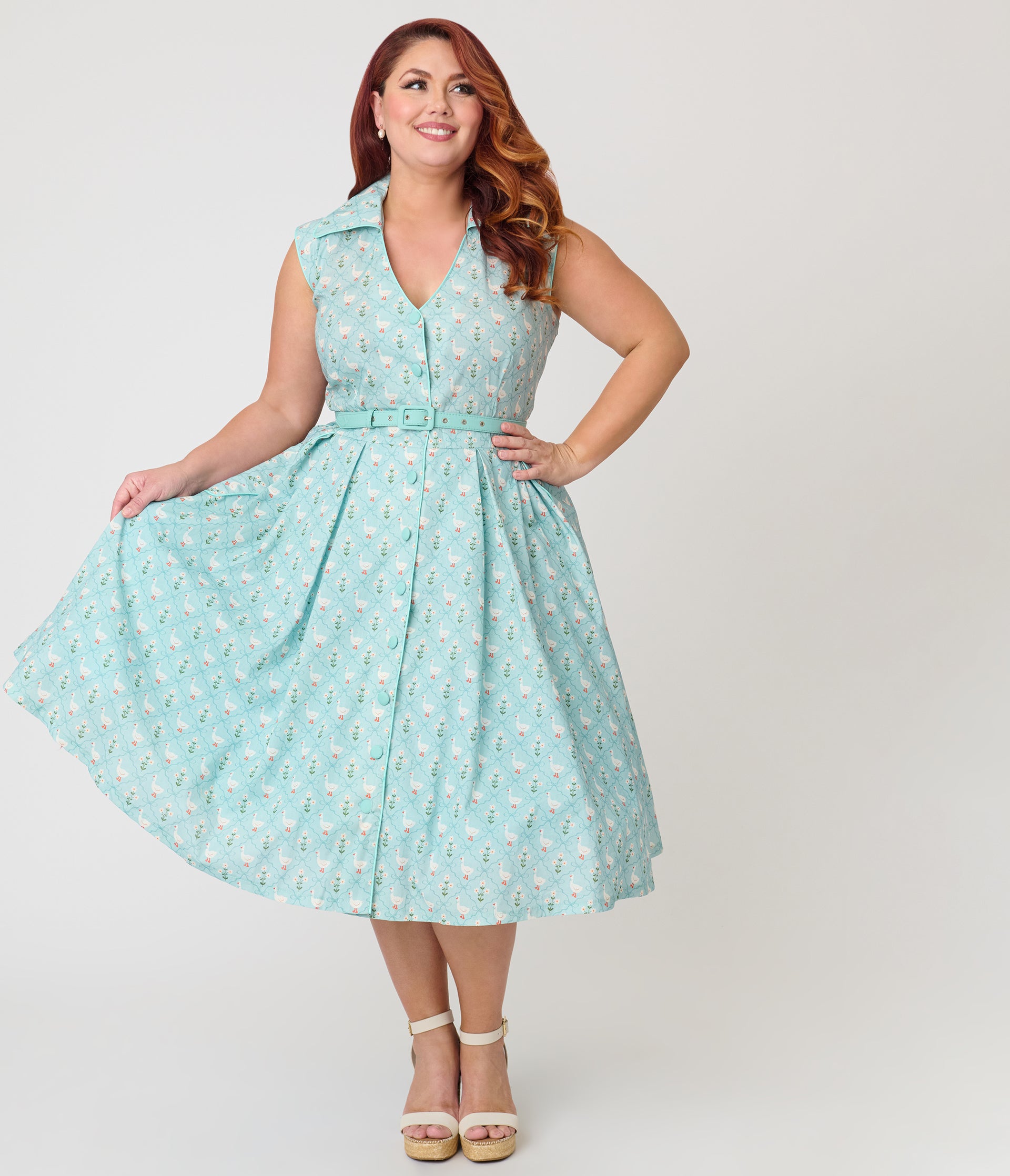Unique Vintage Plus Size Blue & Goose Print Cotton Shirt Swing Dress