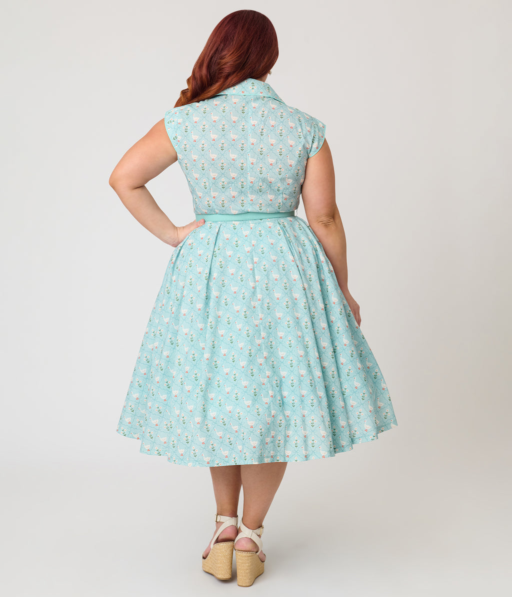 Unique Vintage Plus Size Blue & Goose Print Cotton Shirt Swing Dress