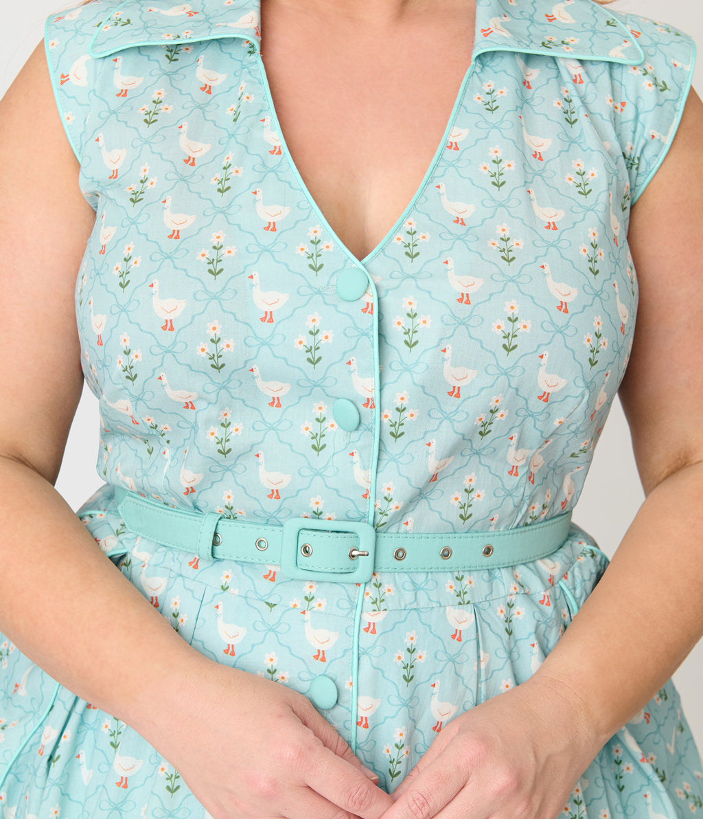 Unique Vintage Plus Size Blue & Goose Print Cotton Shirt Swing Dress